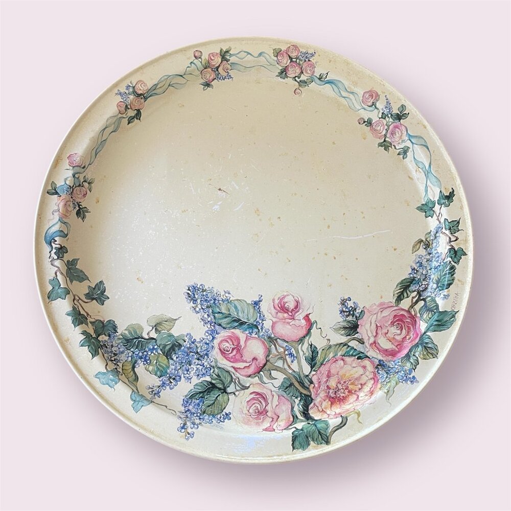 Vintage English Floral Metal Tray 13.5"